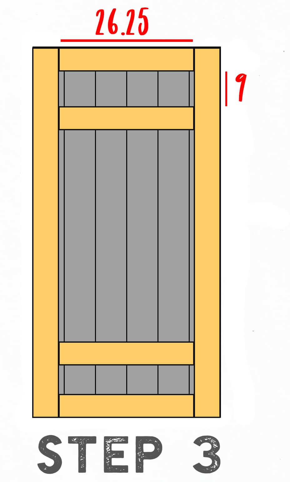 Diagram of step 3, showing additional 1x4's laid between the boards from the previous step.