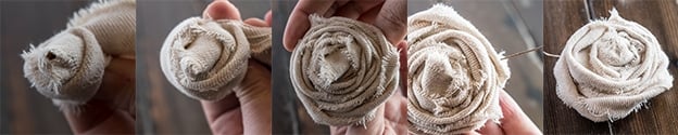 photo sequence demonstrating how to roll canvas roses for a textured pillow