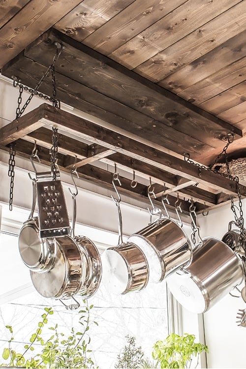 diy pot rack to make space in kitchen