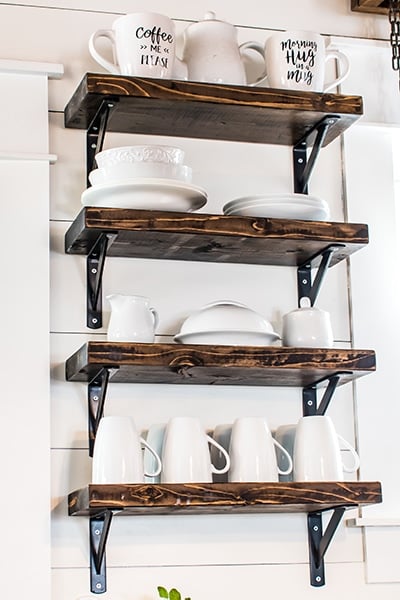 adding open shelves to store plates and mugs