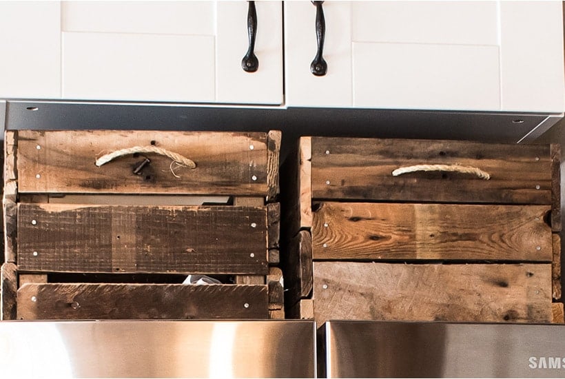Barn wood wooden crates for above fridge storage.