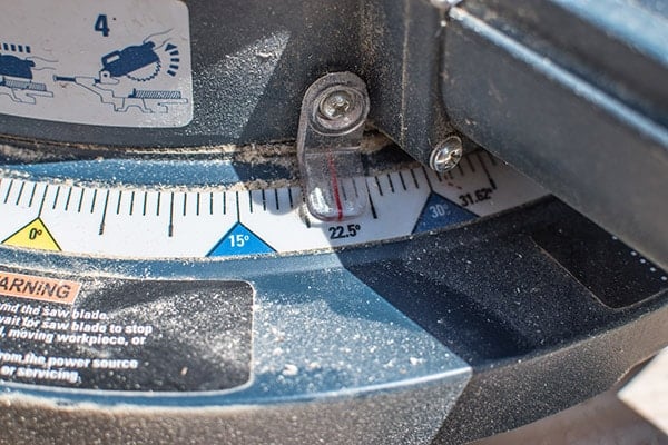 mitre saw with angle cut set at 22.5 degrees