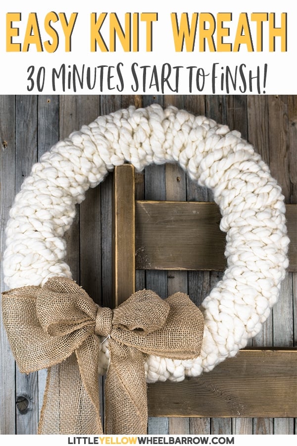 Make this rustic wreath in less than 30 minutes without any tools! We show you the quick step by step process to make a chunky knit wreath for your winter decorating. Add a bit of farmhouse charm to your holiday decorations. These also make a great gift. #holidaydecorations #rusticwreath #christmaswreath #winterdecorations #diywreath #yarnprojects #knittedwreath #chunkyknit