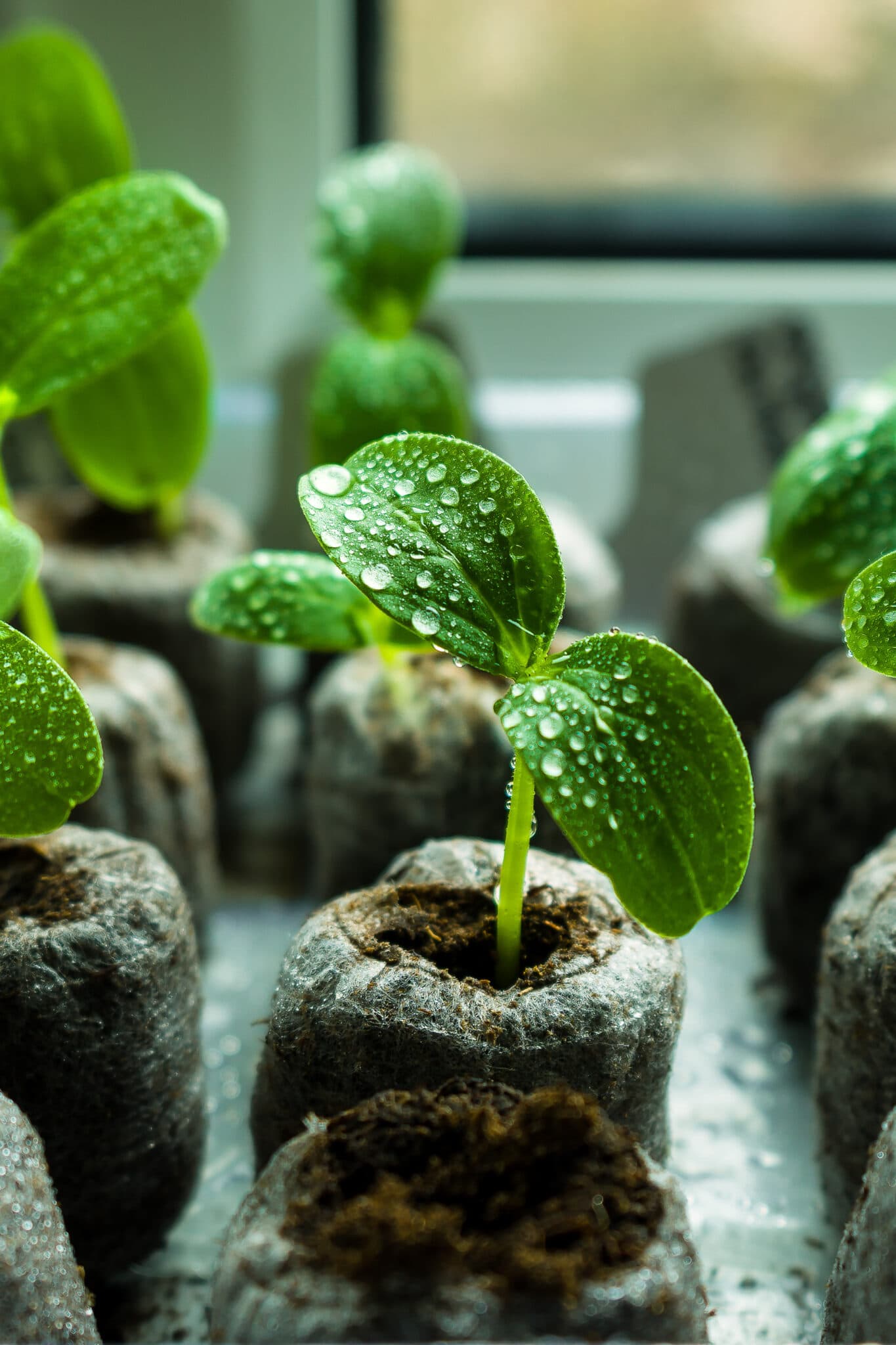 Young fresh cucumber seedling sprouts growing in peat tablets on windowsill