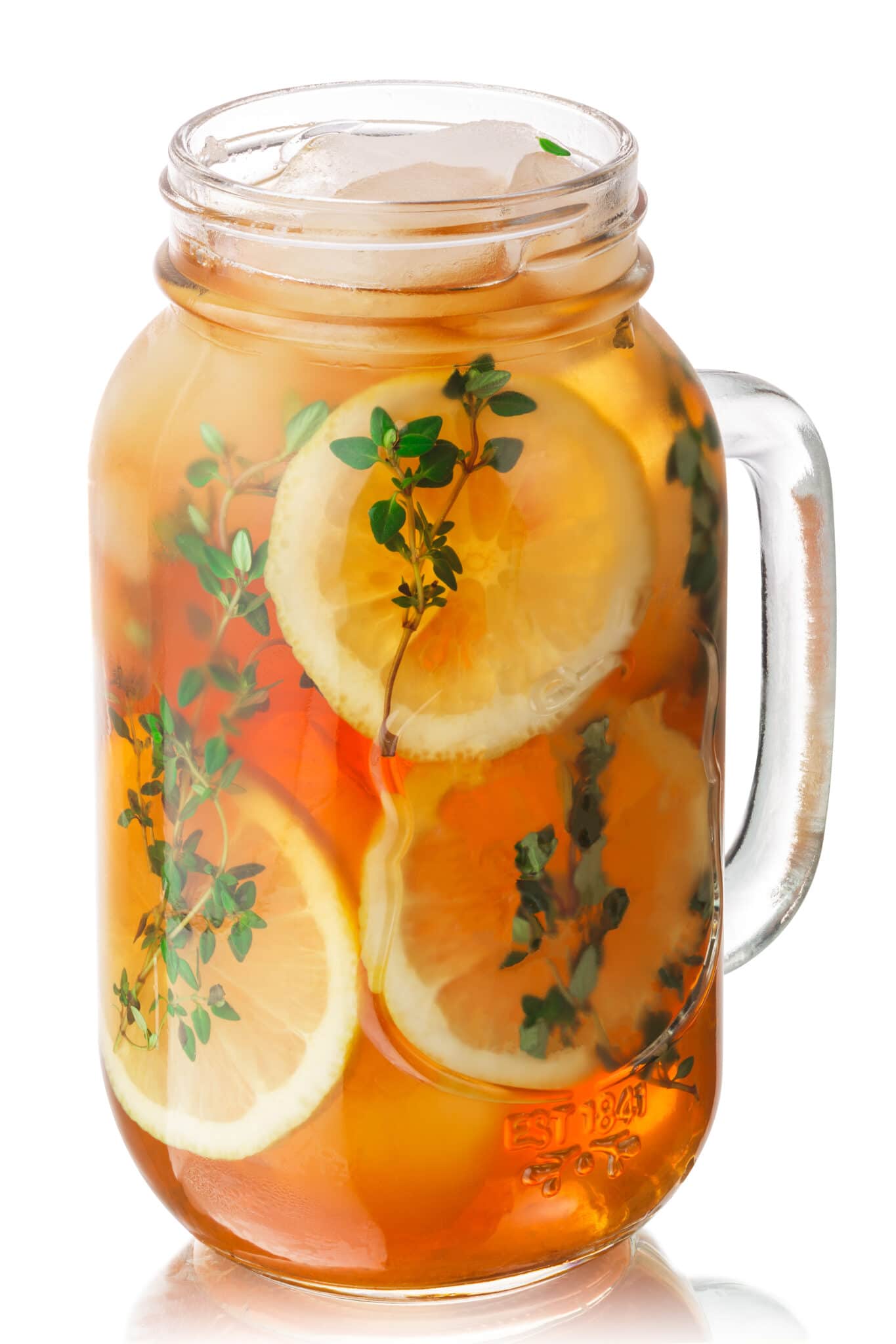Iced thyme lemon tea in a mason jar.
