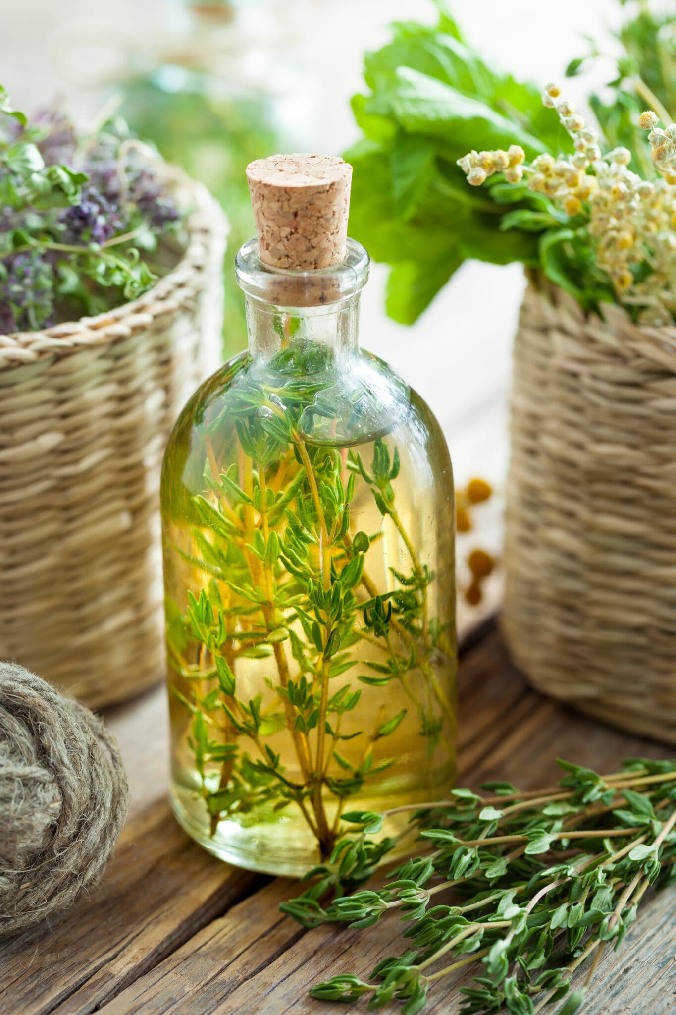 Bottle of thyme essential oil or infusion and basket with healing herbs.