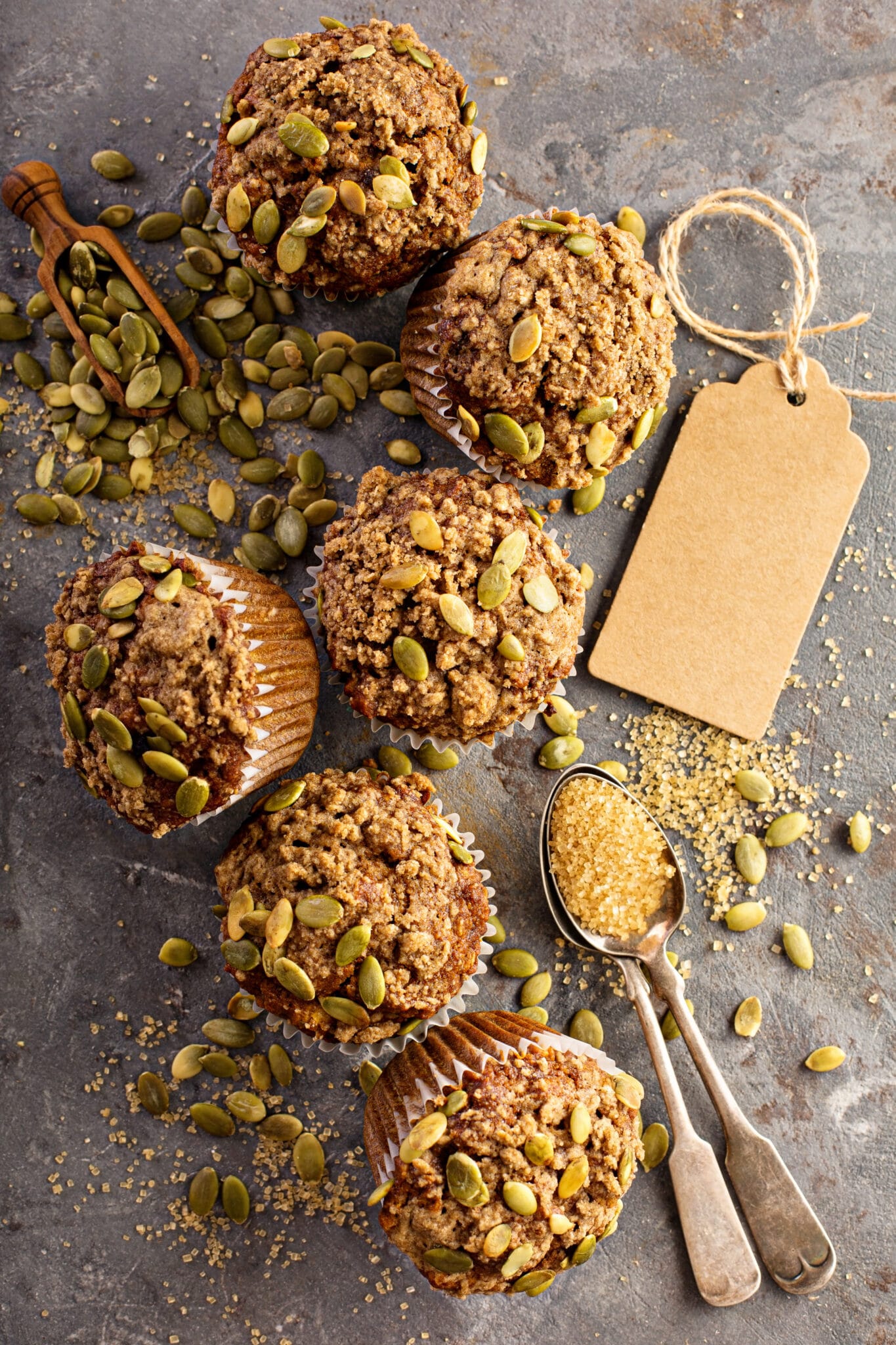 Healthy pumpkin muffins with fall spices and pumpkin seeds.