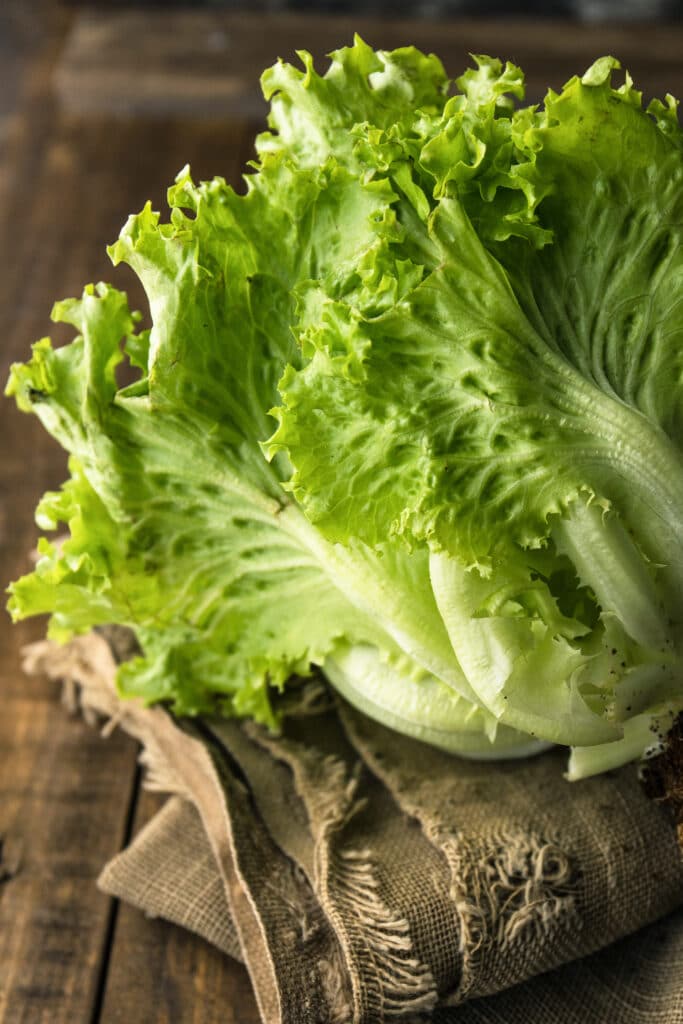 A fresh romaine lettuce with healthy green leaves resting on a rustic tabletop.