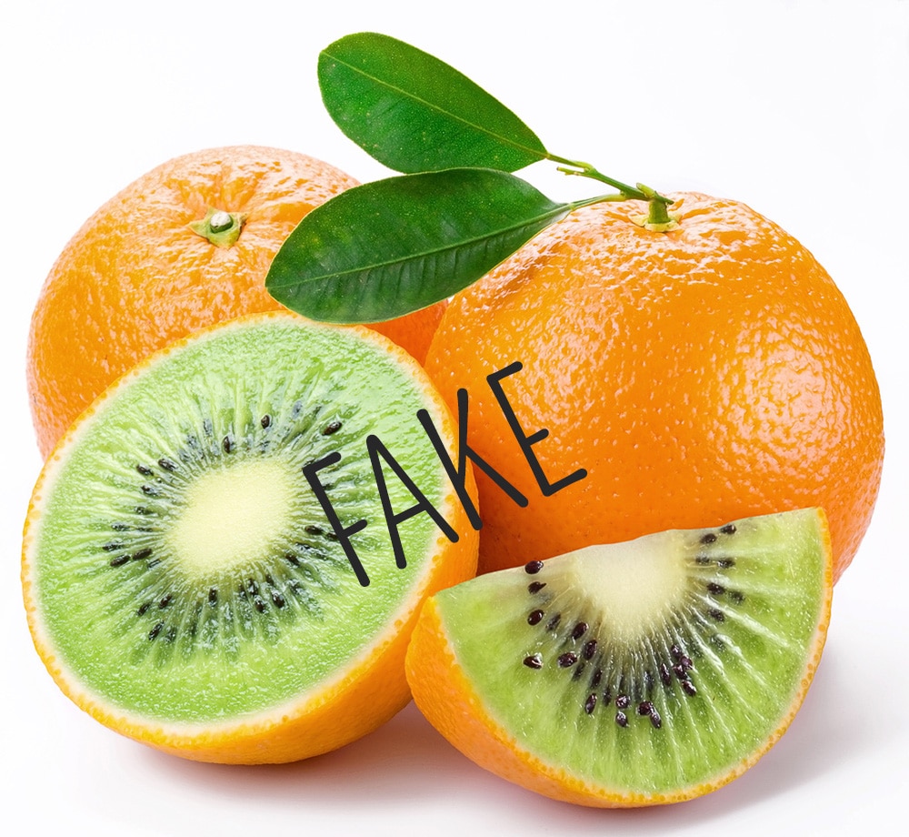 An orange with the insides of a kiwi. The image is used as an illustration of how good fake images can be these days.