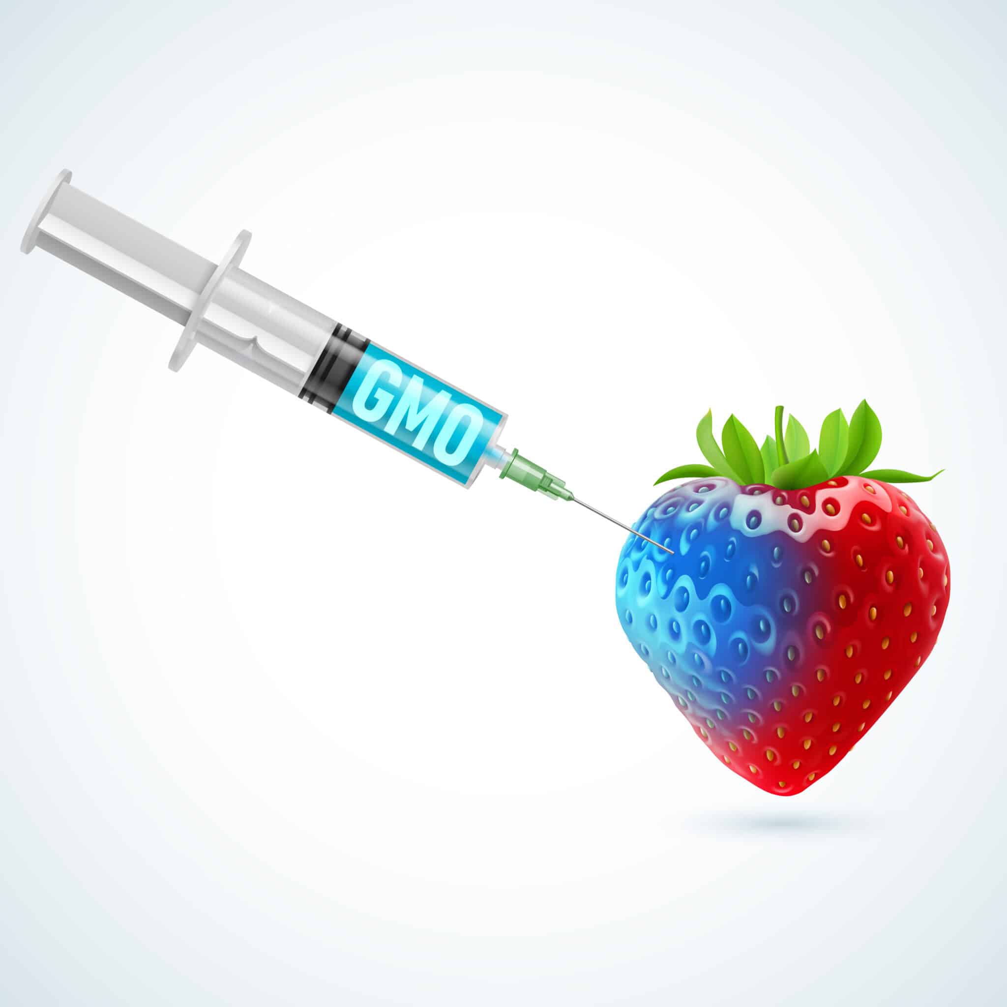 A fake image of a syringe labelled "GMO" turning a red strawberry blue.