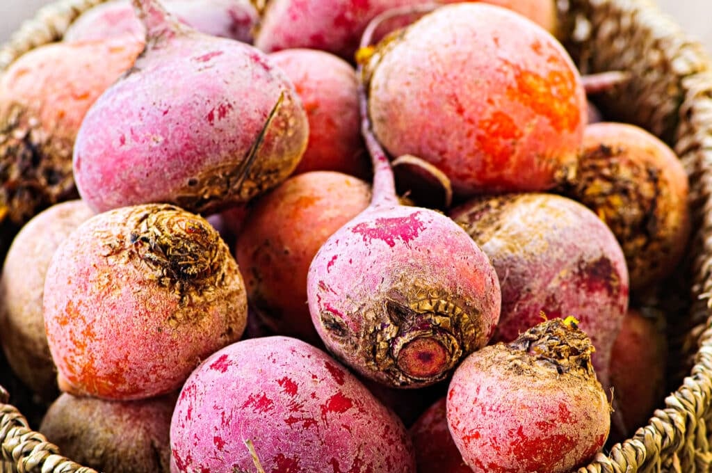 Close up on basket of many whole red and golden beets ready for storage.